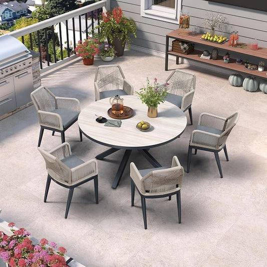 PURPLE LEAF 7 Pieces Patio Round Dining Set Aluminum Round Table and Rattan Arm Chairs with Cushions for Kitchen Porch Garden Modern Outdoor Furniture Sets, Beige and Dark Grey by PURPLELEAF