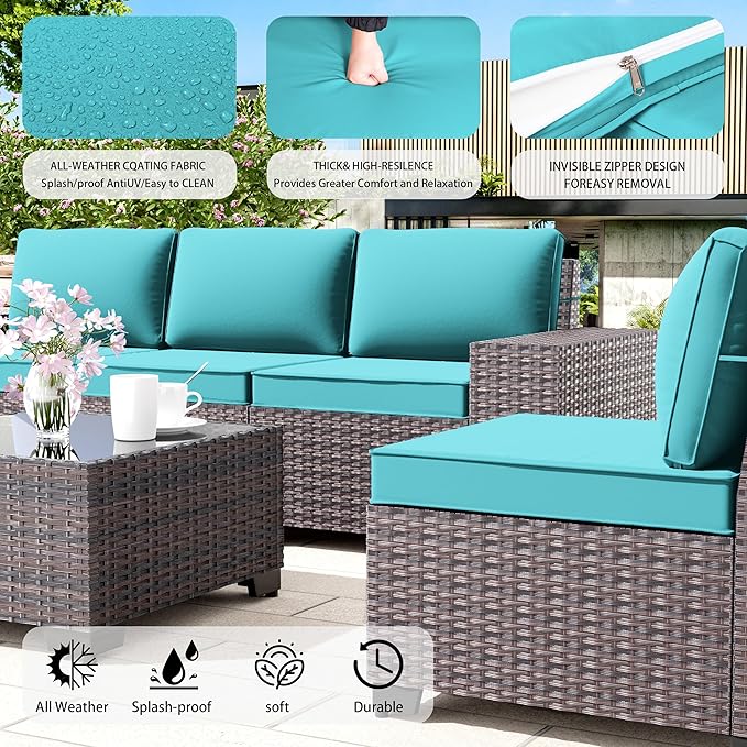 7 PCS Outdoor Patio Furniture Set,Outdoor Sectional Furniture with 43" 55000 BTU Gas Propane Fire Pit Table,All Weather PE Rattan Wicker Patio Conversation Set,Turquoise Blue
