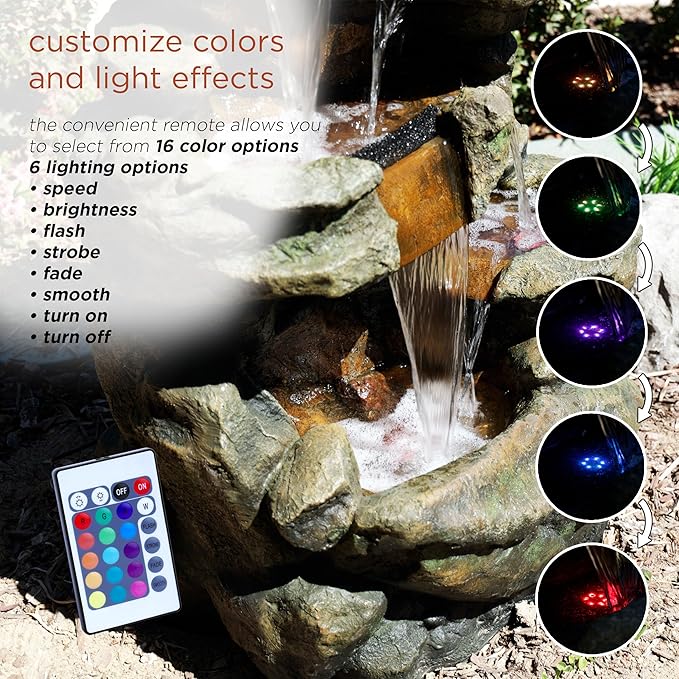 Alpine Corporation 51" Tall 6-Tier Outdoor Rainforest Waterfall Floor Fountain, Weather-Resistant Design with Color-Changing LED Lights & Remote Control, Gray