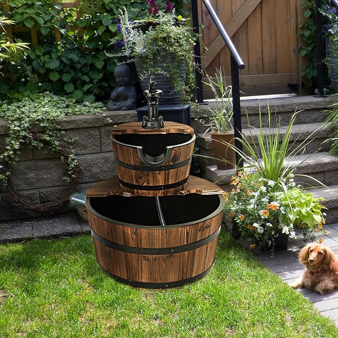 S AFSTAR 2-Tier Barrel Water Fountain Outdoor, Rustic Cascade Fountains with Hand Pump & Adjustable Water Flow, Freestanding Fountains for Garden Patio Backyard Porch Decor
