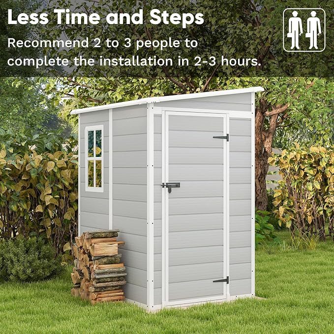 Patiowell 5x4 FT Outdoor Storage Shed with Floor, Resin Outside Storage Shed with Floor & Lockable & Window Door for Patio Furniture, Garden Tools and Bicycle, Light Gray - Image 4