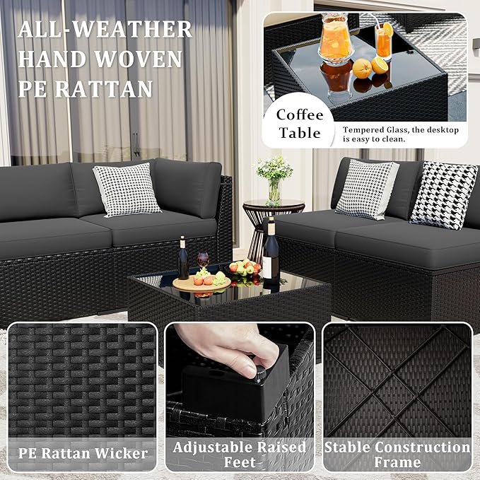 8 Pieces Outdoor Patio Furniture Set with 44" Fire Pit Table Black Rattan Sectional Conversation Sets w/Gas Fire Pit, Coffee Table, 1 Waterproof Covers, Dark Grey