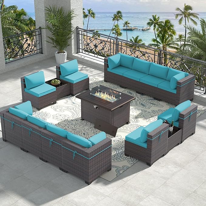 15 Pieces Outdoor Patio Furniture Set,Outdoor Sectional Furniture with 43" 55000 BTU Gas Propane Fire Pit Table,All Weather PE Rattan Wicker Patio Conversation Set,Turquoise Blue