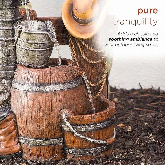 Alpine Corporation Outdoor Vintage Pump and Barrel with Cowboy Hat Fountain Yard Art Decor, 26" Tall, Brown