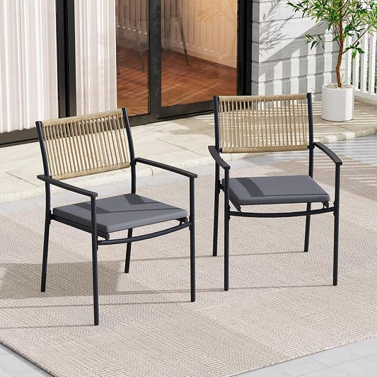 Outdoor Dining Set for 2, 2 Patio Dining Chair with Soft Cushion, Matte Metal Spray Coating Patio Dining Chair, Wicker Rattan Chairs for Backyard, Garden & Poolside, Black by Unknown