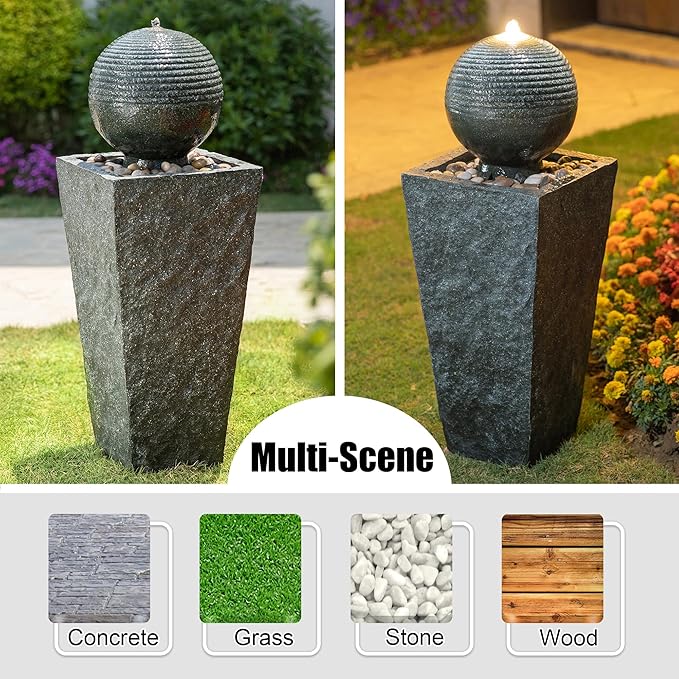 Glitzhome Water Fountain Outdoor with LED Light, Sphere Pedestal Outdoor Fountain, Modern Ball Waterfall Fountains Water Feature for Garden Patio Deck Porch, 31.7”H
