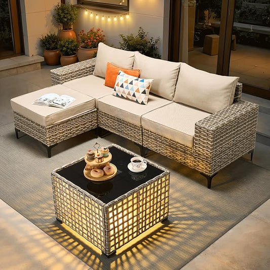 ovios 5-Piece Patio Furniture Set with L-Shape Sofa Chaise, Outdoor Sectional Couch Solar Table, Modern Modular Wicker Rattan Conversation Set, Beige