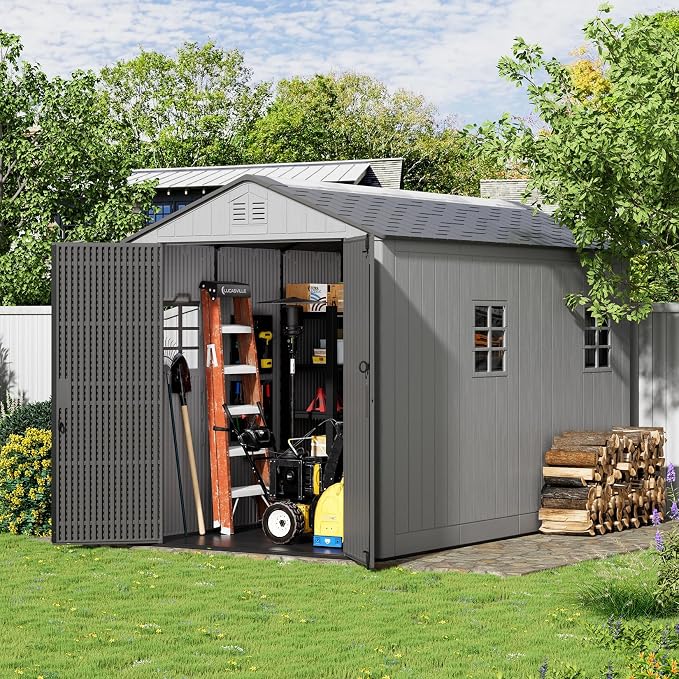 ZZM Outdoor Storage Shed 6x11 Ft, All-Weather Resistant Resin Garden Sheds & Outdoor Storage Clearance with Floor and Windows, Double-Layer Plastic Tool Shed for Backyard, Patio & Lawn (Gray) - Image 4