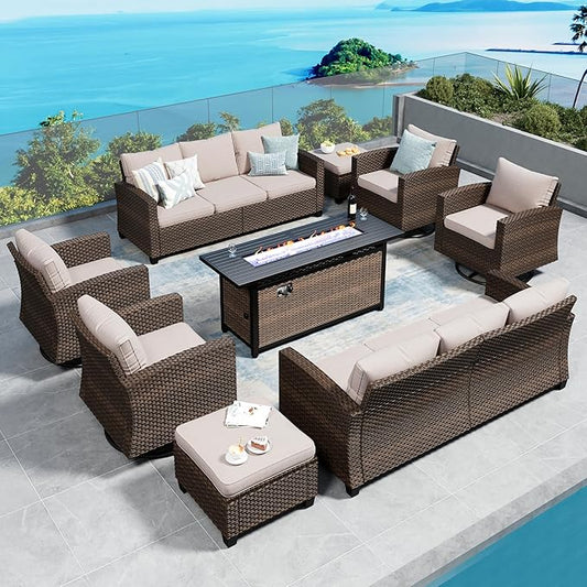 Swivel Glider Patio Furniture Set Outdoor Furniture Brown Wicker Rattan Patio Conversation Sets with Cushion Outside Sofa Set,8 Pieces with Rectangular Firepit Table,12 Seats,Beige