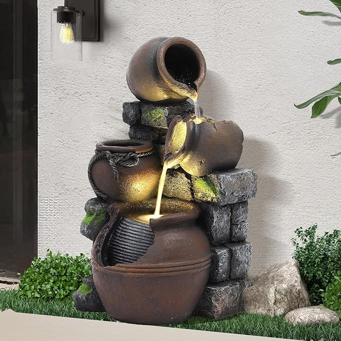 Outdoor Cascading Rock Water Fountain, 4-Tiers Fountains and Waterfalls with LED Lights, Indoor Freestanding Resin Waterfall Feature w/Pump for Patio, Garden, Backyard, Deck, Porch, Home Decor