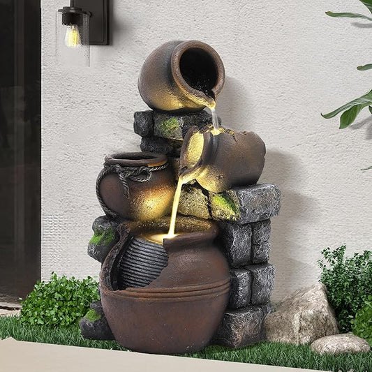 Outdoor Cascading Rock Water Fountain, 4-Tiers Fountains and Waterfalls with LED Lights, Indoor Freestanding Resin Waterfall Feature w/Pump for Patio, Garden, Backyard, Deck, Porch, Home Decor