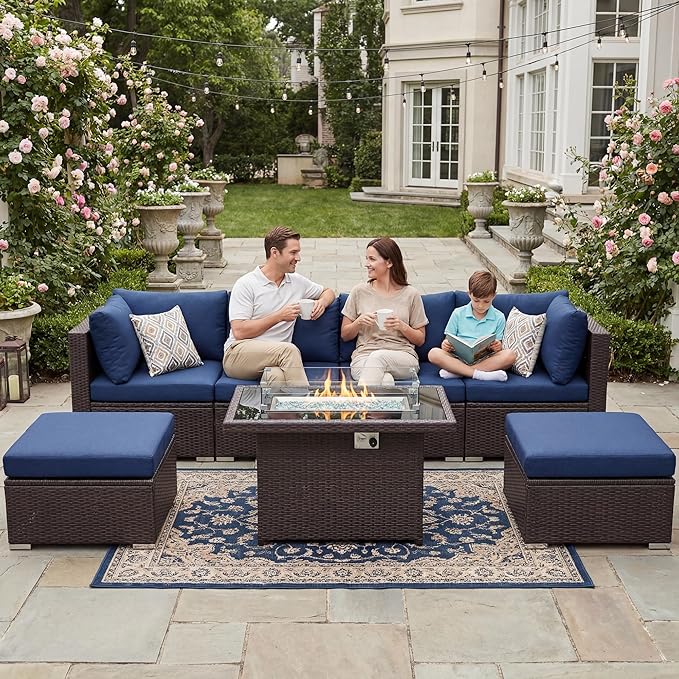 BULEXYARD 7 Pcs High Back Patio Furniture Set with Fire Pit Table Propane/Natural Gas Dual Fuel, Durable Outdoor Sectional Couch, Cozy Backyard Seating for Exterior, Brown Wicker & Navy Blue Cushion