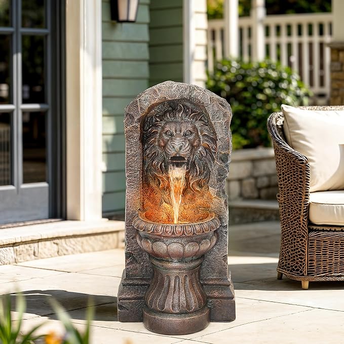 30" Majestic Lion Head Outdoor Water Fountain, Rustic Stone Pedestal Cascading Water Feature with Warm LED Lights, Tranquil Oasis for Outside Garden Patio Yard Decor