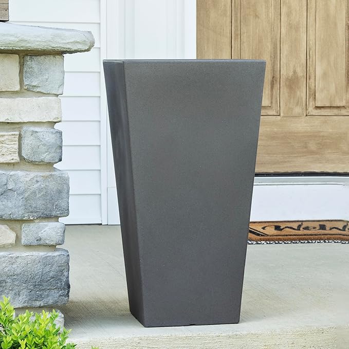Step2 Tremont Tall Square Tapered Planter, Large Planters for Outdoor Plants, Gardening and Flower Pot for Patio or Porch, Efficient Drainage, Durable Plastic, Dark Cedar, 2-Pack