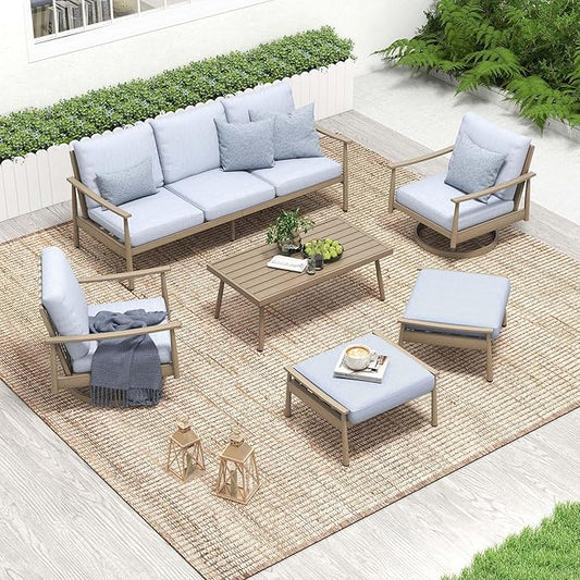 HAPPATIO Patio Outdoor Furniture Set - 6 Pieces Aluminum Outdoor Conversation Set with 1 Three-Seater Sofa, 1 Coffee Table, 2 Swivel Chairs, and 2 Ottomans for Yard, Porch, and Deck (Grey)