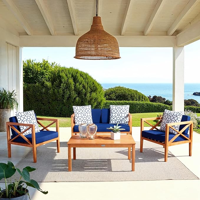 SAFAVIEH Outdoor Collection Montez Natural/Navy Blue Cushion 4-Piece Conversation Patio Set with Accent Pillows