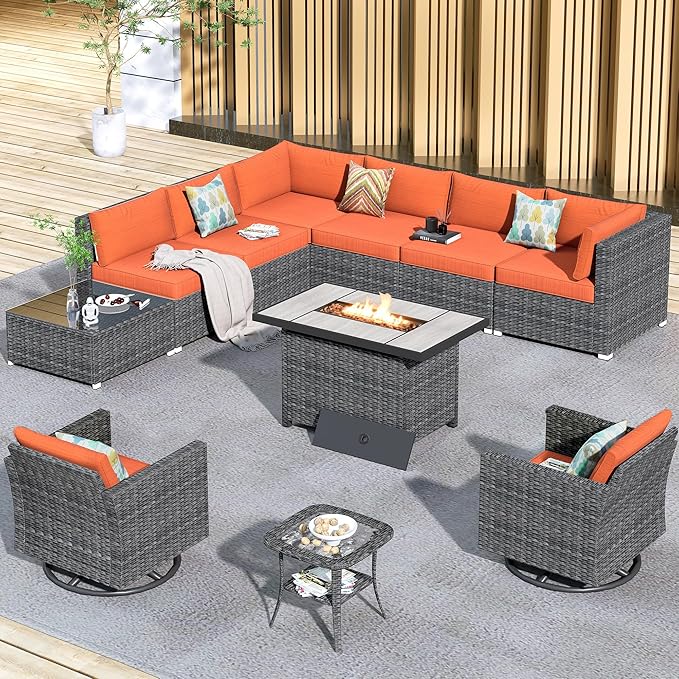 HOOOWOOO 11 Piece Patio Sectional Furniture Set with Fire Pit Table,Modern Wicker Outdoor Conversation Sofa Sets,Weather Resistant Modular L Shaped Outside Couch Swivel Chairs Set(Orange Red)