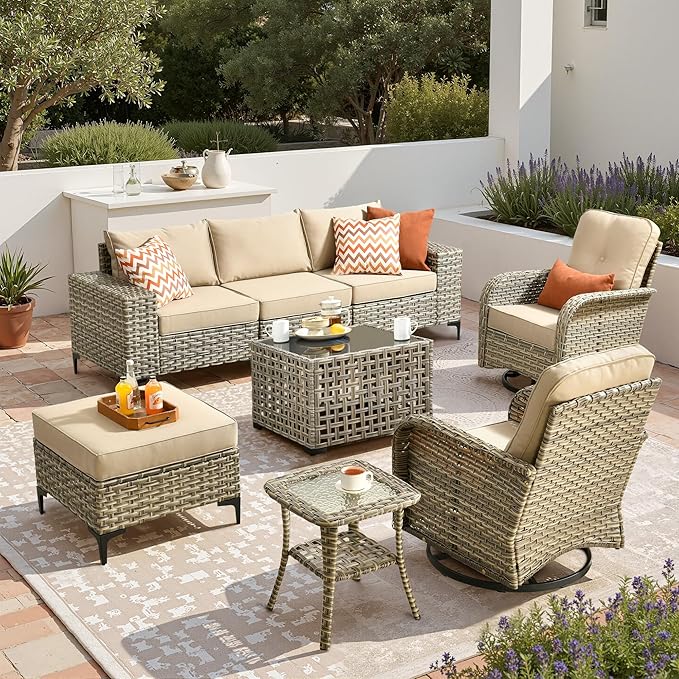 Patio Furniture Set, 8 Pieces Outdoor Wicker Conversation Sets with 2 Wicker Rocking Chair & Coffee Table Outdoor Sectional Sofa for Balcony Backyard Poolside Garden Lawn (Beige)