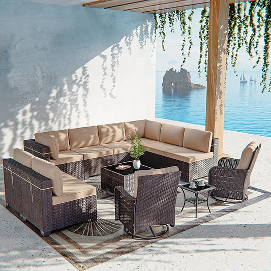 12 Pieces Outdoor Patio Furniture Set,Outdoor Sectional Furniture All Weather PE Rattan Wicker Patio Conversation Set with Coffee Table,Swivel Rocking Chairs Set,Sand
