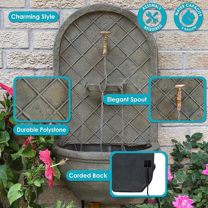 Sunnydaze 26" Outdoor Wall Water Fountain with Pump and Panel - Florentine Stone - Messina - Solar/Battery-Powered