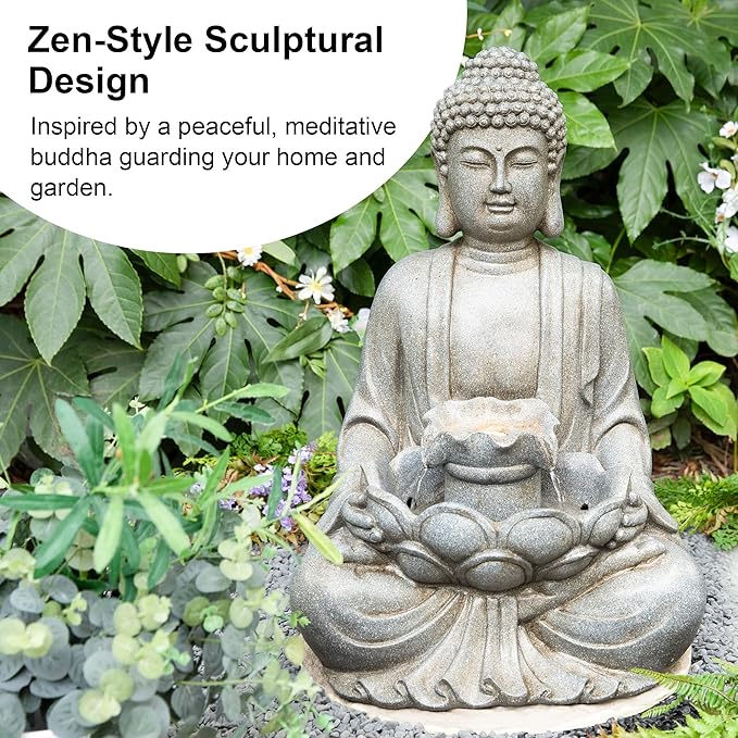 Glitzhome Buddha Outdoor Water Fountain with Lights and Pump, 28.25" H Zen Style Outdoor Fountain Concrete Meditating Buddha Statue Polyresin Garden Fountain Waterfall for Patio, Porch, or Yard Decor