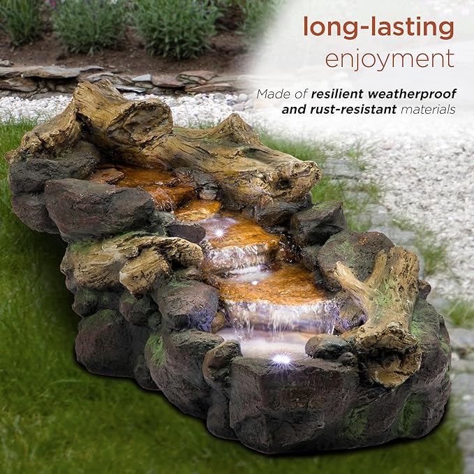 Alpine Corporation TZL296 41" Long Indoor/Outdoor River Rock and Log Fountain with LED Lights – Outdoor Water Feature for Garden, Patio, and Home Décor, Brown