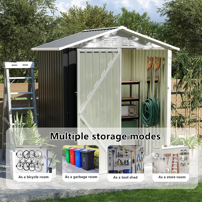YOPTO 5.4x4.27 FT Outdoor Storage Shed, Metal Garden Tool Shed with Sloping Roof and Lockable Doors for Backyard Garden Patio Lawn, Grey - Image 4