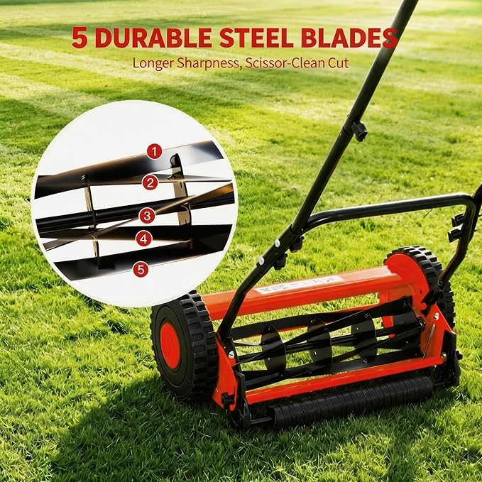14" Push Lawn Mower, Manual Hand Push Lawn Mower Without Grass Catcher, Lightweight & Portable Walk-Behind Mower for Small Yards, Garden & Patio - Image 3