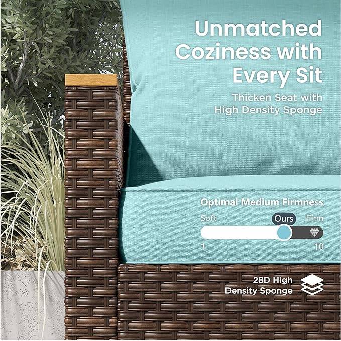 PHI VILLA 4-Piece Curved Patio Furniture Set, Half-Moon Wicker Sectional Furniture Sofa Set for 8 Seats with Cushioned 3 x Curved Sectionals and 2 x Ottoman, Aqua Blue