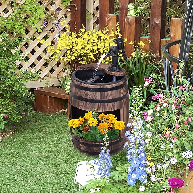 Outsunny 23" H Outdoor Water Fountain Wood and Plastic Rustic Apple Barrel Pump Garden Decor for Outside Backyard