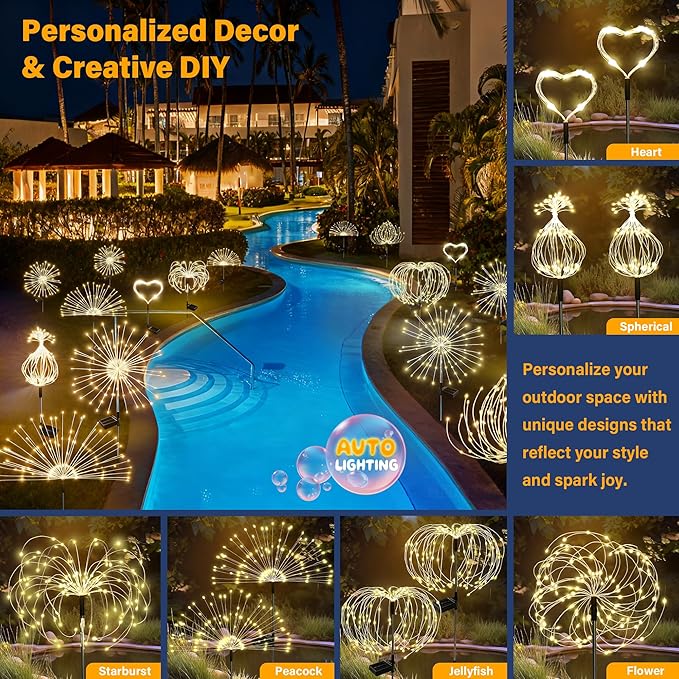 Solar Garden Lights Outdoor Decorative, 2pack 120 LED Firework Lights Waterproof???Solar Fairy Lights for Outside,Garden,Yard, Patio,Pathway,Flowerbed,Party(Warm White)