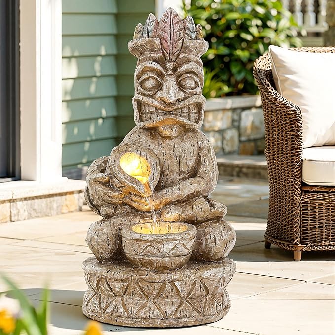 23" Tiki Outdoor Water Fountain, 2-Tier Water Feature with LED Lights, Soothing Cascading Waterfall for Tranquile, Relaxing, Meditative Patio, Backyard, Garden or Porch