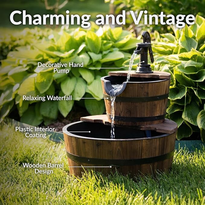 Sunnydaze 2-Tier Wood Barrel Water Fountain - 23-Inch Vintage Water Pump Fountain with Submersible Pump - for Garden, Patio, Decks