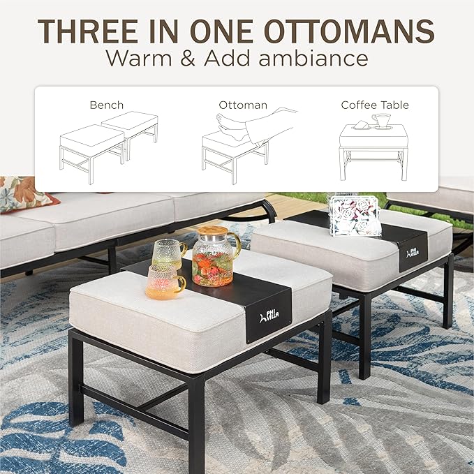 PHI VILLA Patio Conversation Sets 6 Piece, Deluxe Outdoor Patio Set for 5-7 Person with 3 Seater Padded Deep Seating Bench, 2 Padded Armrest Sofa Chairs, 2 Ottoman and & 1 Coffee Table