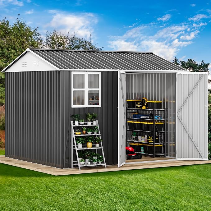 DWVO 10' x 8' Outdoor Storage Shed, Waterproof Metal Garden Shed with Windows, Lockable Doors, and Sloped Roof for Patio, Backyard, Lawn, Tool Storage, Bike Shed, Pet Shelter (Gray + White) - Image 3
