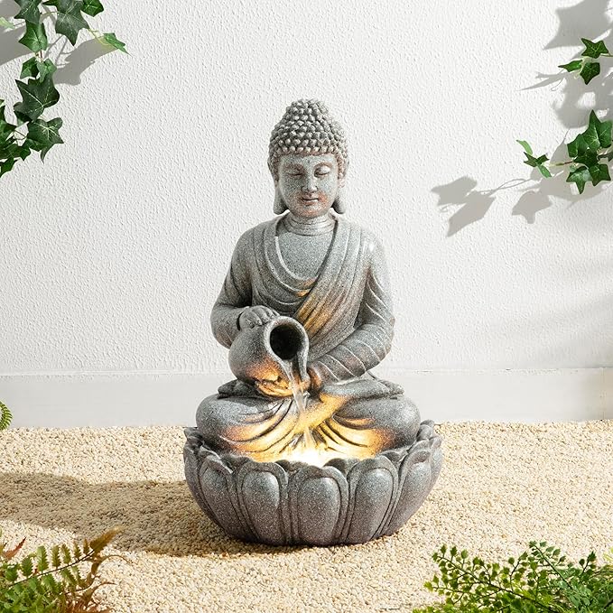 Glitzhome Buddha Fountain Outdoor 20.5" H, 2-Tier Zen Style Concrete Meditating Buddha Statues Water Fountains with Pump & LED Light, Buddhas Floor Fountains Sculpture for Garden Patio Backyard