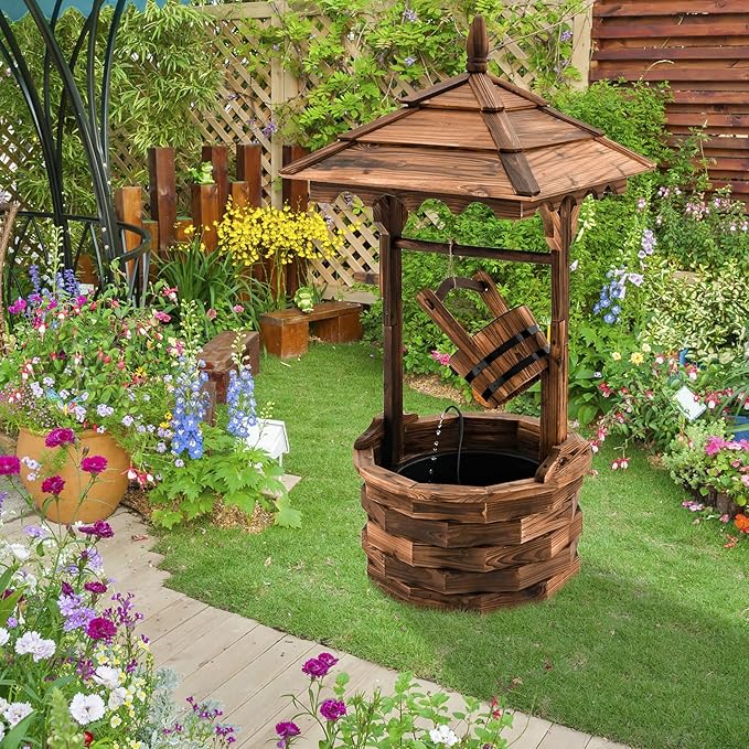 Giantex Rustic Wishing Well Fountain, Outdoor Wooden Water Fountain with Electric Pump, 5 Adjustable Water Flow Rates, Water Bucket, Freestanding Decorative Wishing Well for Backyard Patio Garden