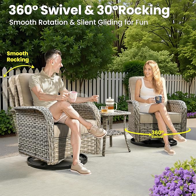 ovios 9-Piece Patio Furniture Set with L-Shape Sofa Chaise, Outdoor Sectional Couch Swivel Gliders Fire Pit Table Solar Table, Modern Modular Wicker Rattan Conversation Set, Beige