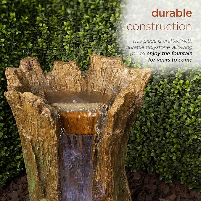Alpine Corporation TZL294 Outdoor Tree Trunk Floor Fountain with Cool White LED Lights, Tiered Garden Decor, 22" H, Brown