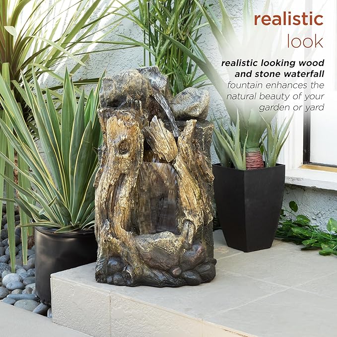 Alpine Corporation WIN270S Indoor/Outdoor Floor Rainforest Fountain with LED Lights, Tree Trunk Waterfall Fountain 22", Brown