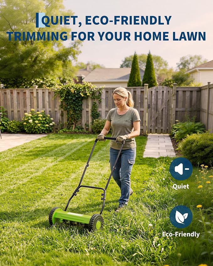 16 Inch Manual Reel Lawn Mower, 5-Blade Push Reel Mower with Adjustable Cutting Height, Walk-Behind Compact Hand Push Mower for Small Yards, Quiet Cordless Mowing (Green) — No Grass Catcher Bag - Image 4
