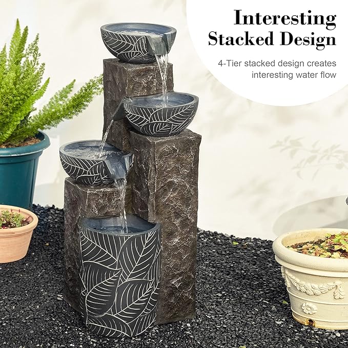 Glitzhome 32.75" H Outdoor Garden Water Fountain with LED Lights and Pump, Natural Leaf Textured 4-Tier Resin Cascading Floor-Standing Fountain for Porch Deck Patio Backyard Decoration
