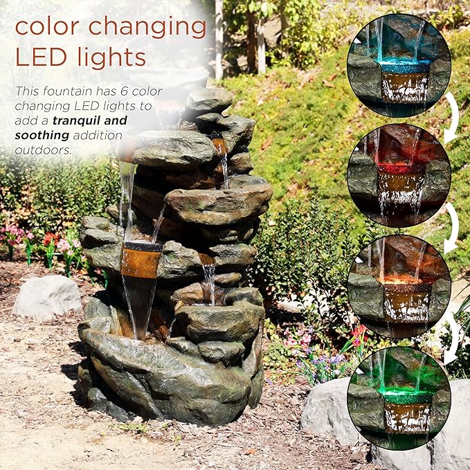 Alpine Corporation 51" Tall 6-Tier Outdoor Rainforest Waterfall Floor Fountain, Weather-Resistant Design with Color-Changing LED Lights & Remote Control, Gray