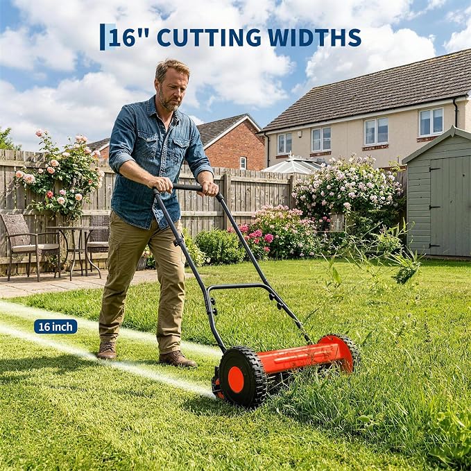 16" 5-Blade Push Reel Lawn Mower, Manual Push Mower with Adjustable Cutting Height, Compact Lawnmower for Small to Medium Yard and Field, Lightweight Hand Reel Push Mower, Red - Image 2