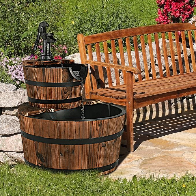 Tangkula 2-Tier Water Fountain Outdoor, Rustic Wood Cascading Waterfall Fountain with Electric Pump, Outside Water Feature with Decorative Hand for Garden Patio Backyard (Fir Wood)