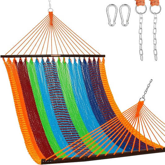 Lazy Daze Hammocks 10.5 FT Double 2 Person Caribbean Rope Hammock, Hand Woven Polyester Hammock with Spreader Bars, for Outside Outdoor Backyard Patio Poolside, 450 LBS Capacity, Multicolor by LazyDazeHammocks
