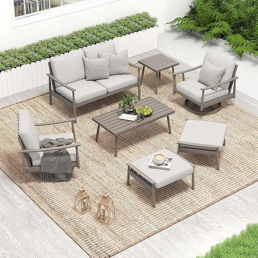 HAPPATIO Patio Outdoor Furniture Set - 7 Pieces Aluminum Outdoor Conversation Set Includes 1 Loveseat, 1 Side Table, 1 Coffee Table, 2 Swivel Chairs, and 2 Ottomans for Porch, Yard, Lawn (Grey)