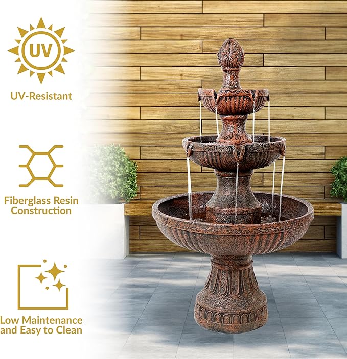 Sunnydaze Flower Blossom 43" Tiered Outdoor Water Fountain - 3-Tiered Outdoor Fountain for Garden, Patio, or Backyard - Earth Finish