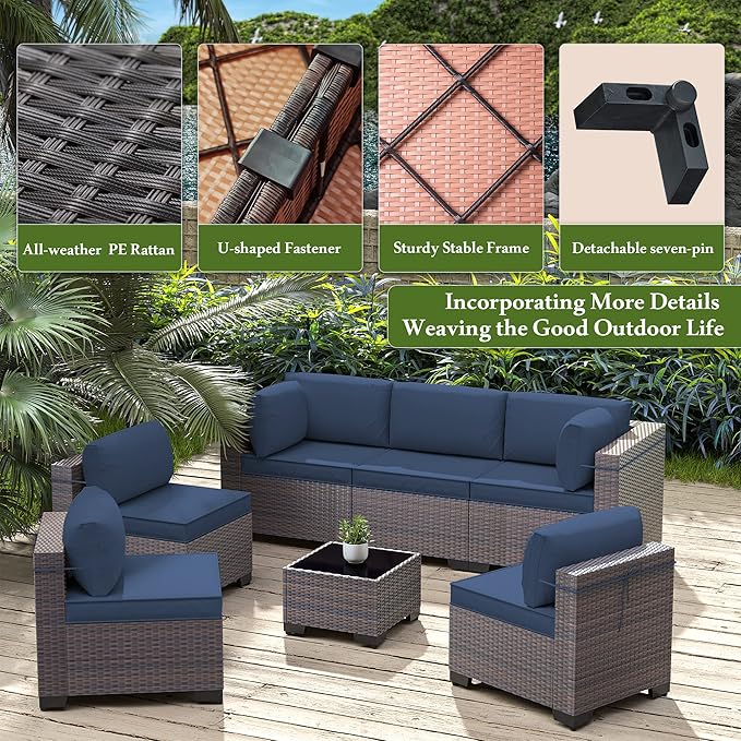 9 Pieces Outdoor Patio Furniture Set,Outdoor Sectional Furniture All Weather PE Rattan Wicker Patio Conversation Set with Coffee Table and 8 Thickened Cushions,Navy Blue
