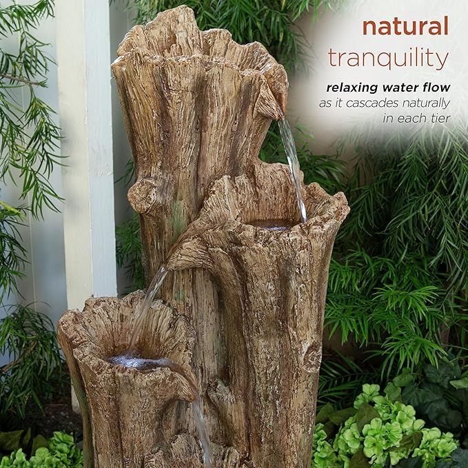 Alpine Corporation TZL268 47" Outdoor 3-Tier Tree Bark Water Fountain with LED Lights for Gardens, Patios, and Yards, Brown